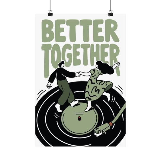 Better Together Poster - Sage Green Retro Record Couple Matte Vertical Wall Art