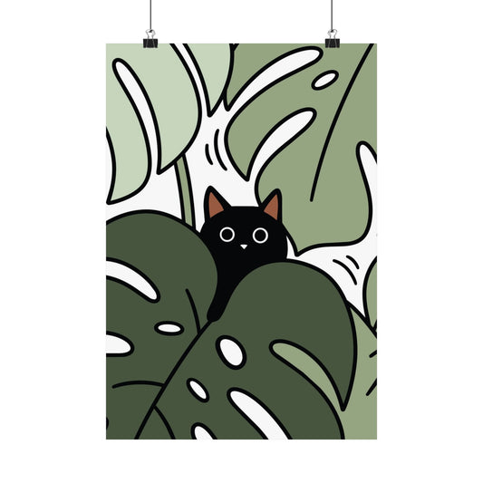 Black Cat Hiding in Monstera Matte Poster - Sage Green Botanical Wall Art