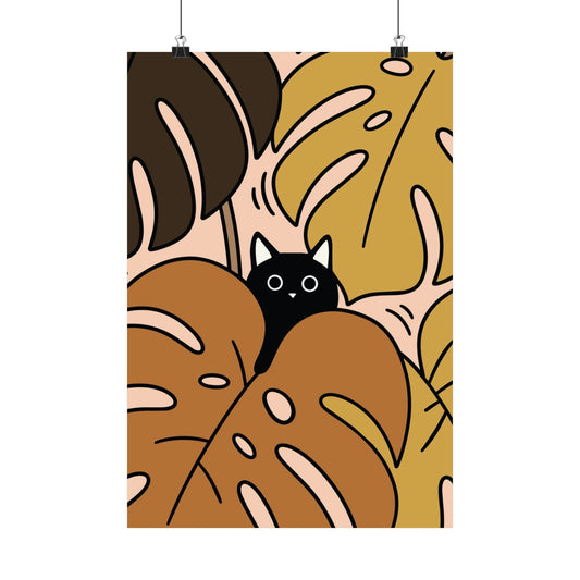 Black Cat Hiding in Monstera Matte Poster - Biscotti Caramel Botanical Wall Art