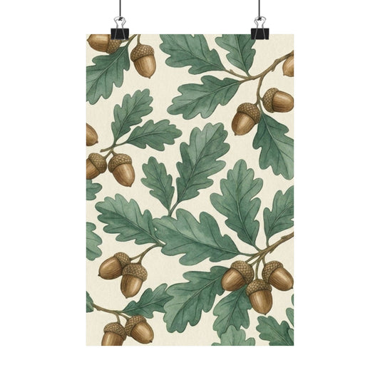 Botanical Oak & Acorns Watercolor Matte Vertical Poster