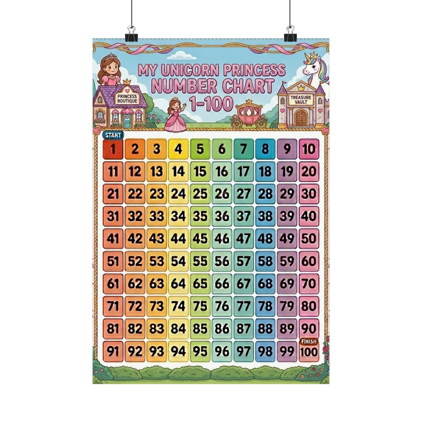 Unicorn Princess Number Chart Poster 1–100 | Kids Educational Counting Poster