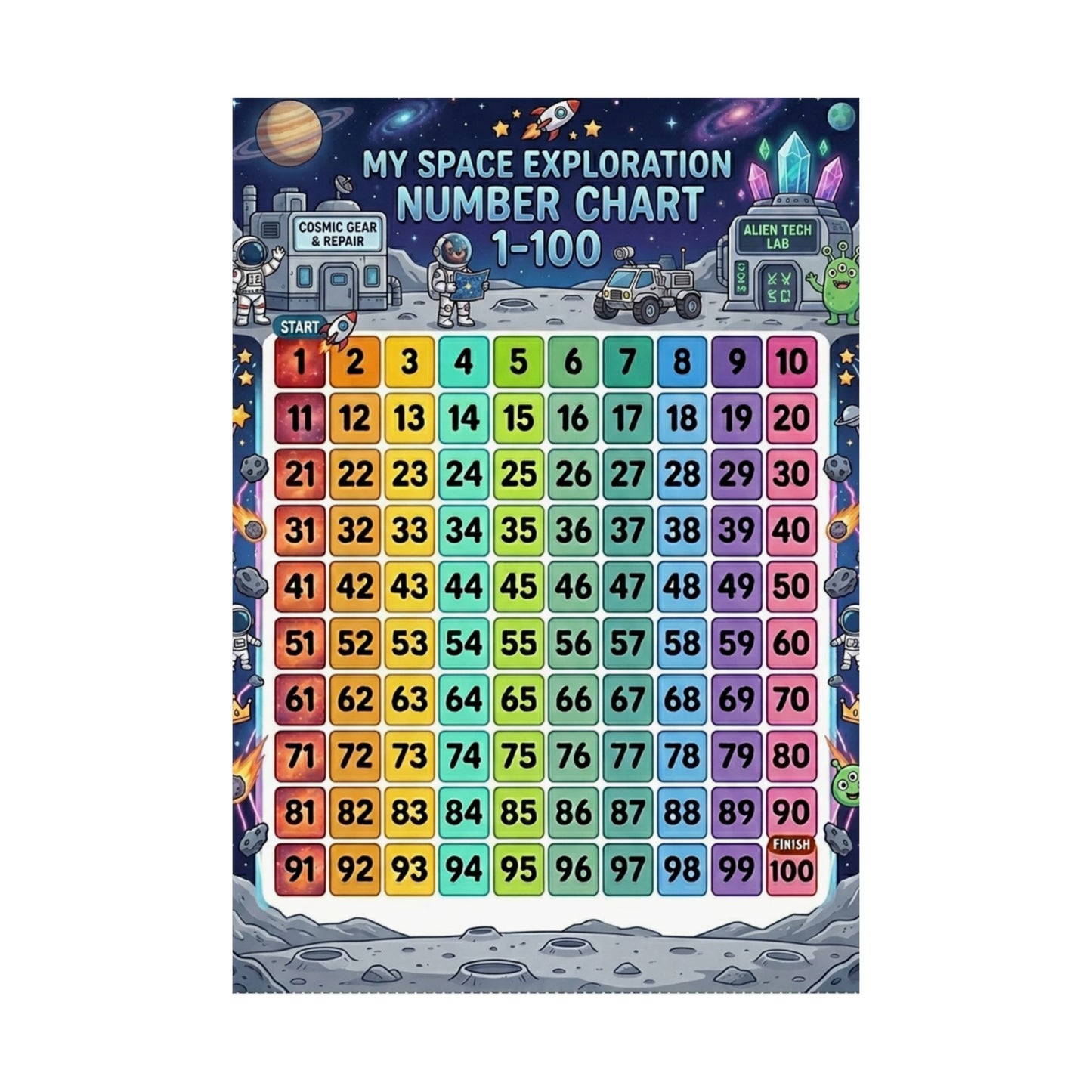 Space Universe Astronauts & Aliens Number Chart Poster 1–100 | Kids Educational Counting Poster
