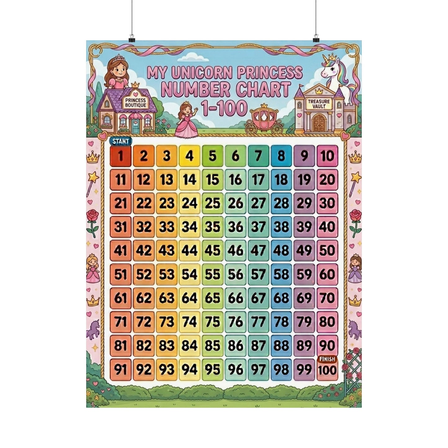 Unicorn Princess Number Chart Poster 1–100 | Kids Educational Counting Poster