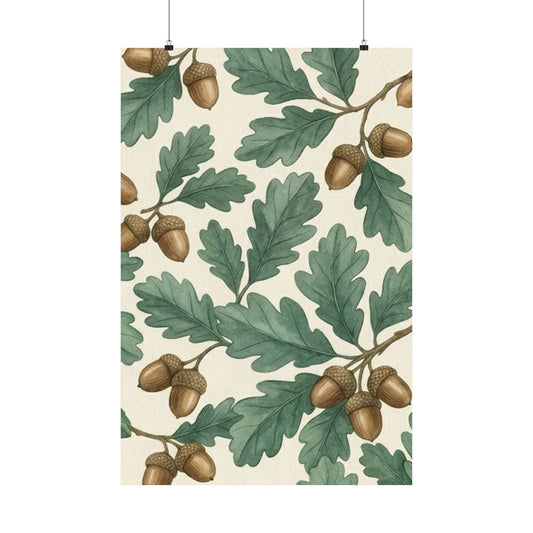 Botanical Oak & Acorns Watercolor Matte Vertical Poster