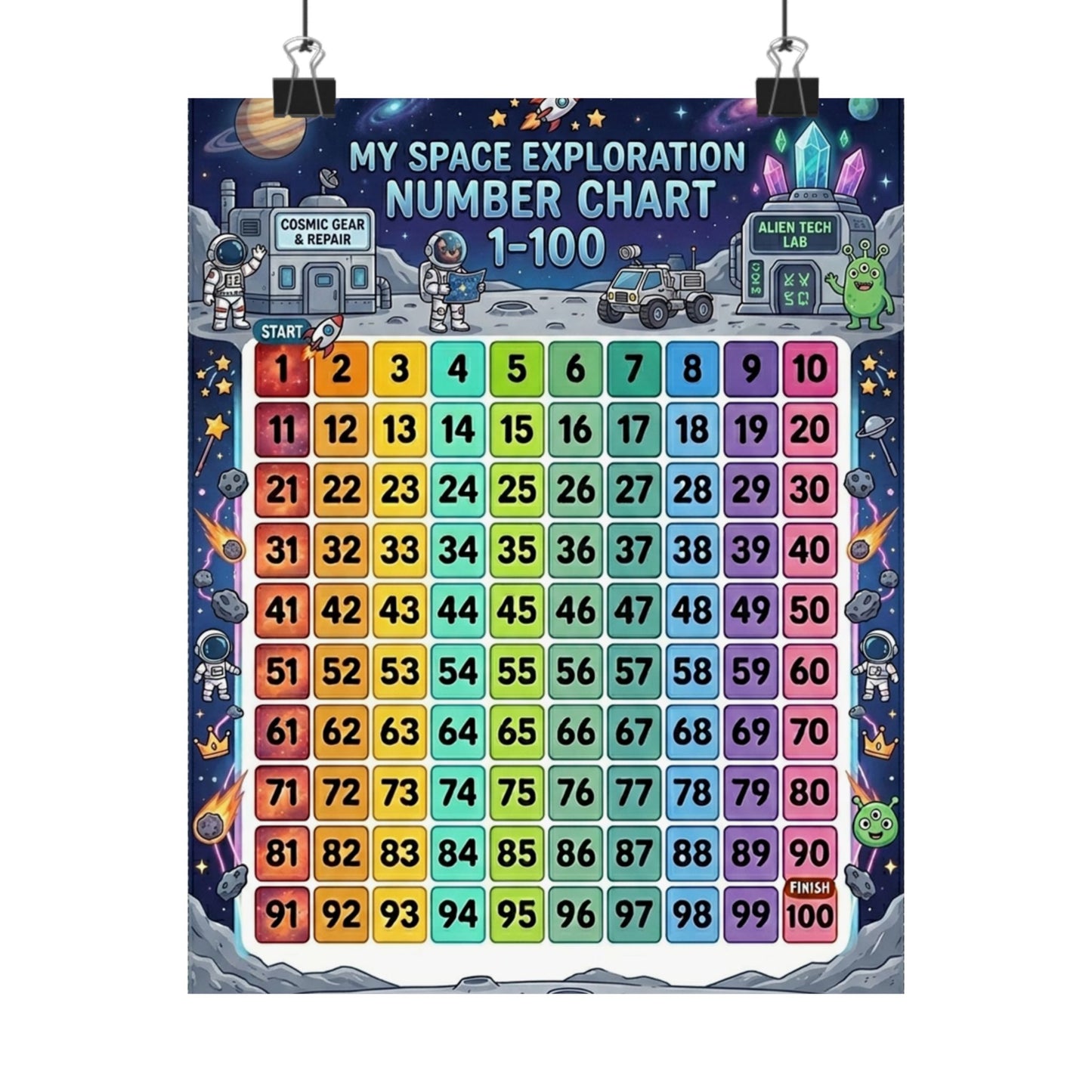 Space Universe Astronauts & Aliens Number Chart Poster 1–100 | Kids Educational Counting Poster