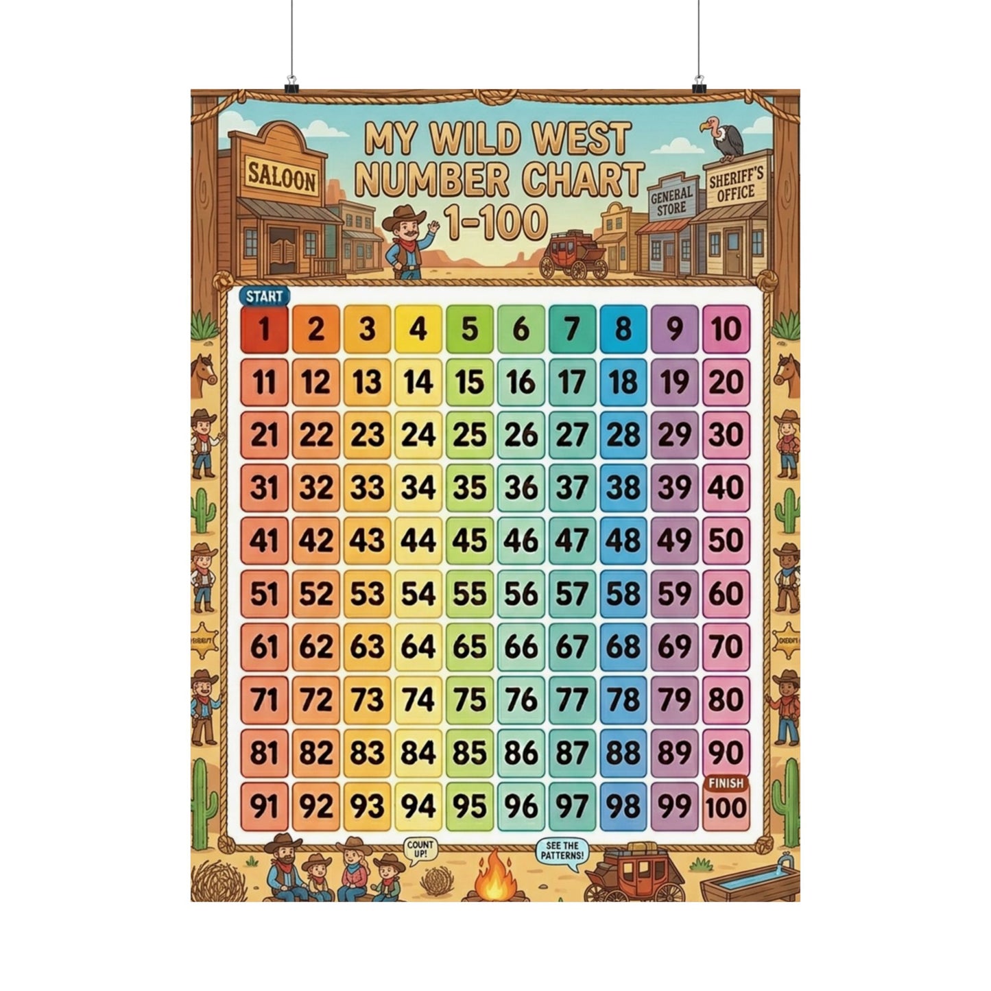 Cow Boy Wild West Number Chart Poster 1–100 | Kids Educational Counting Poster
