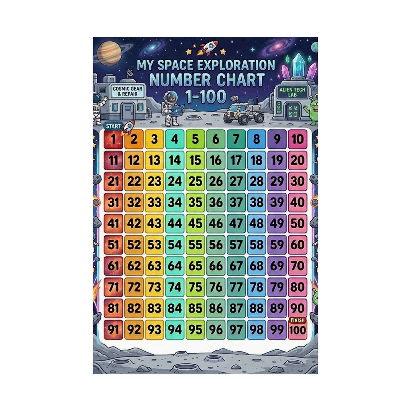 Space Universe Astronauts & Aliens Number Chart Poster 1–100 | Kids Educational Counting Poster