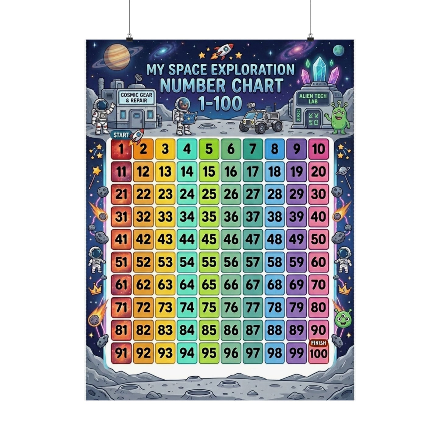 Space Universe Astronauts & Aliens Number Chart Poster 1–100 | Kids Educational Counting Poster