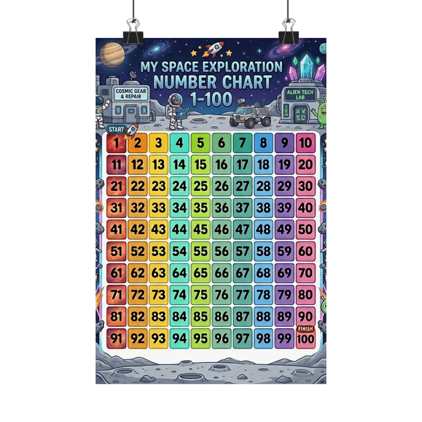 Space Universe Astronauts & Aliens Number Chart Poster 1–100 | Kids Educational Counting Poster