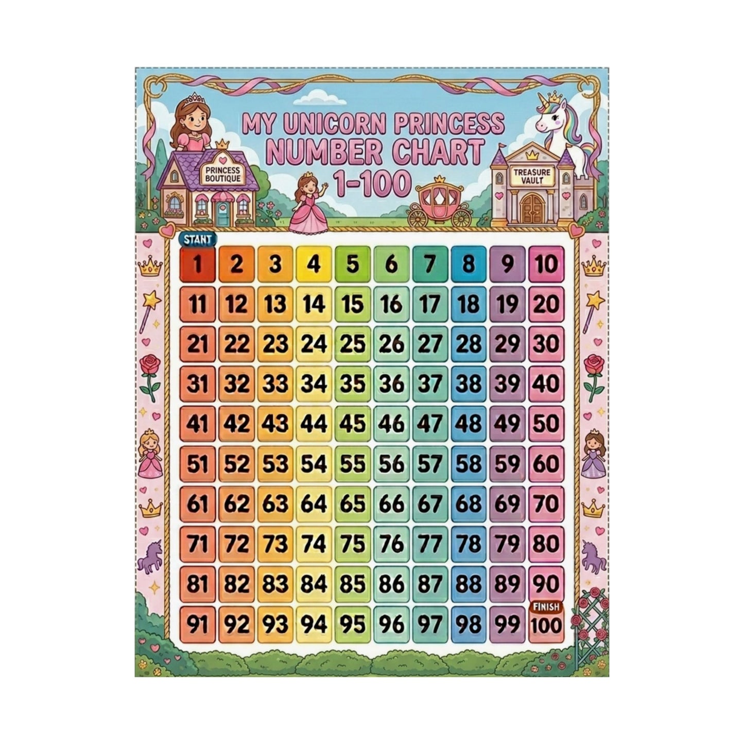 Unicorn Princess Number Chart Poster 1–100 | Kids Educational Counting Poster