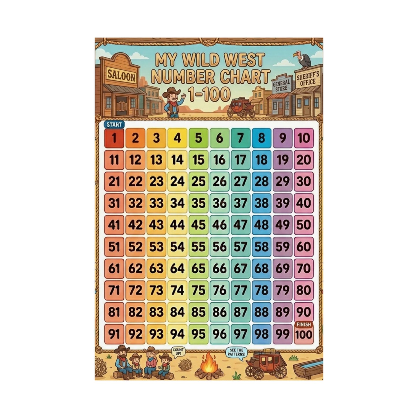 Cow Boy Wild West Number Chart Poster 1–100 | Kids Educational Counting Poster