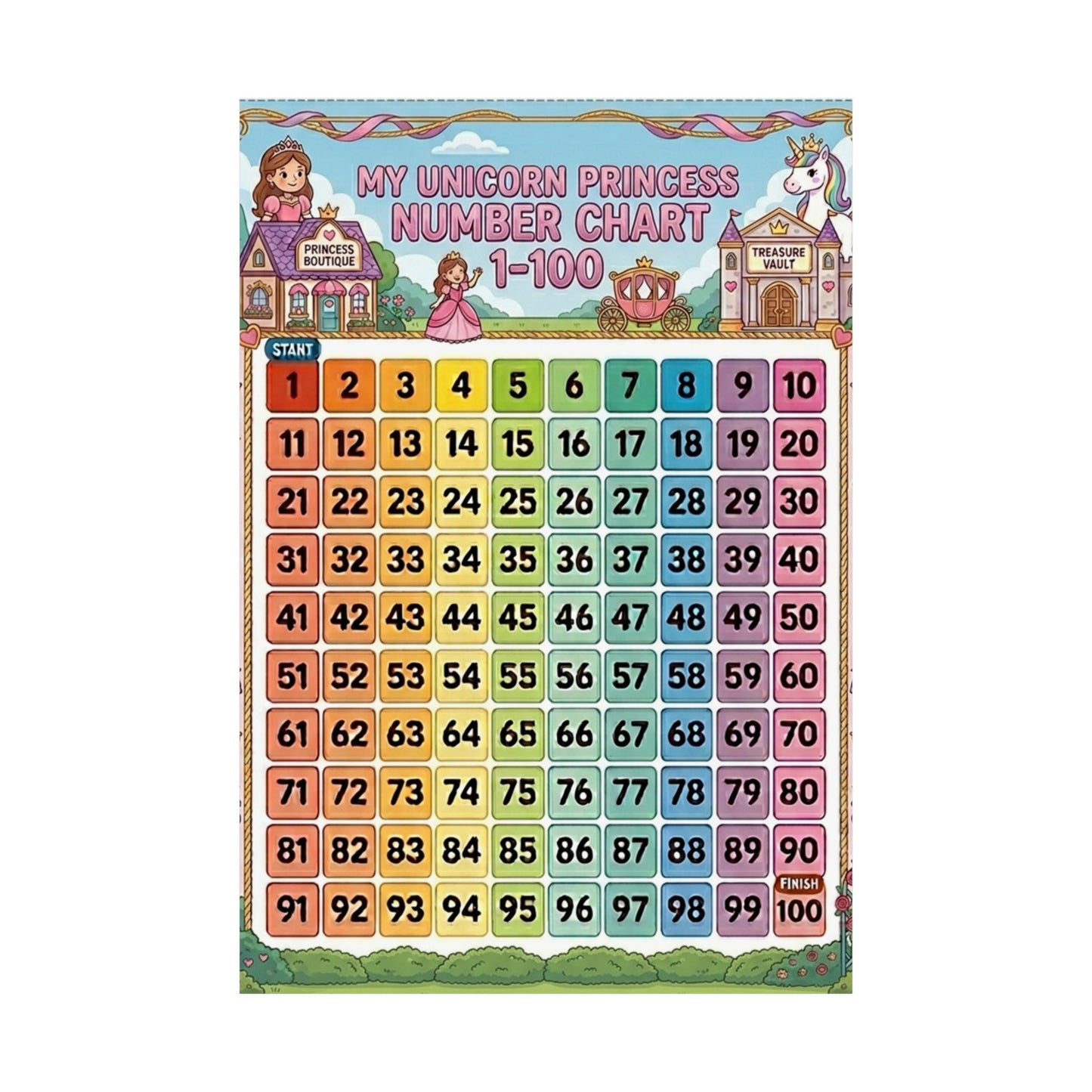 Unicorn Princess Number Chart Poster 1–100 | Kids Educational Counting Poster