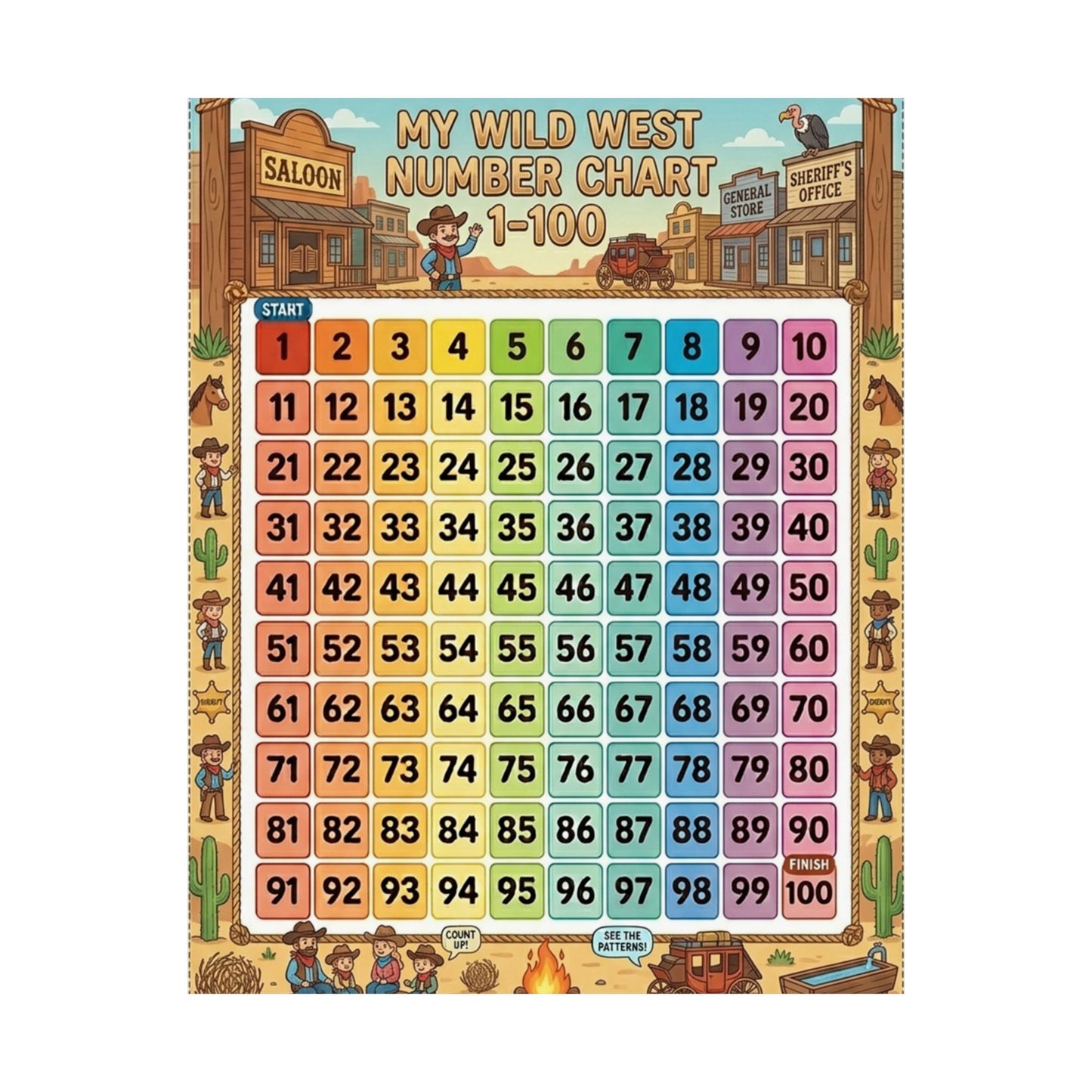 Cow Boy Wild West Number Chart Poster 1–100 | Kids Educational Counting Poster