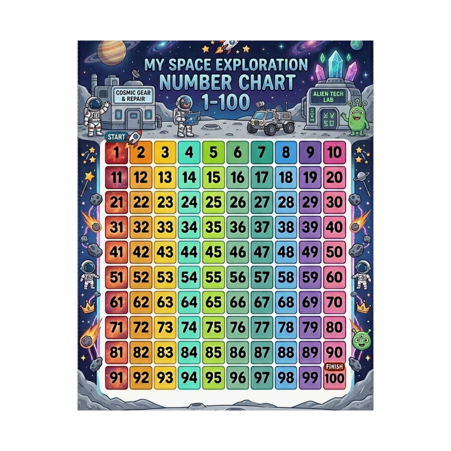 Space Universe Astronauts & Aliens Number Chart Poster 1–100 | Kids Educational Counting Poster