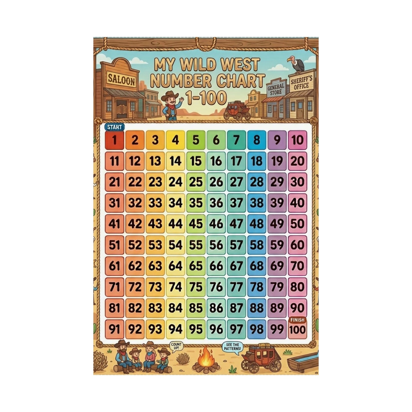 Cow Boy Wild West Number Chart Poster 1–100 | Kids Educational Counting Poster
