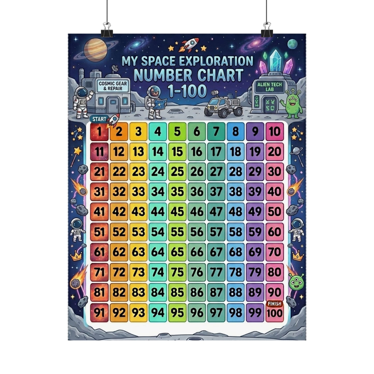 Space Universe Astronauts & Aliens Number Chart Poster 1–100 | Kids Educational Counting Poster