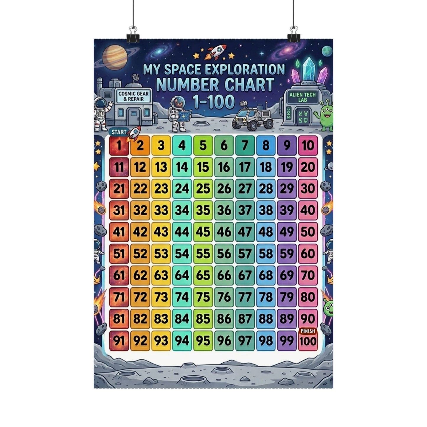 Space Universe Astronauts & Aliens Number Chart Poster 1–100 | Kids Educational Counting Poster