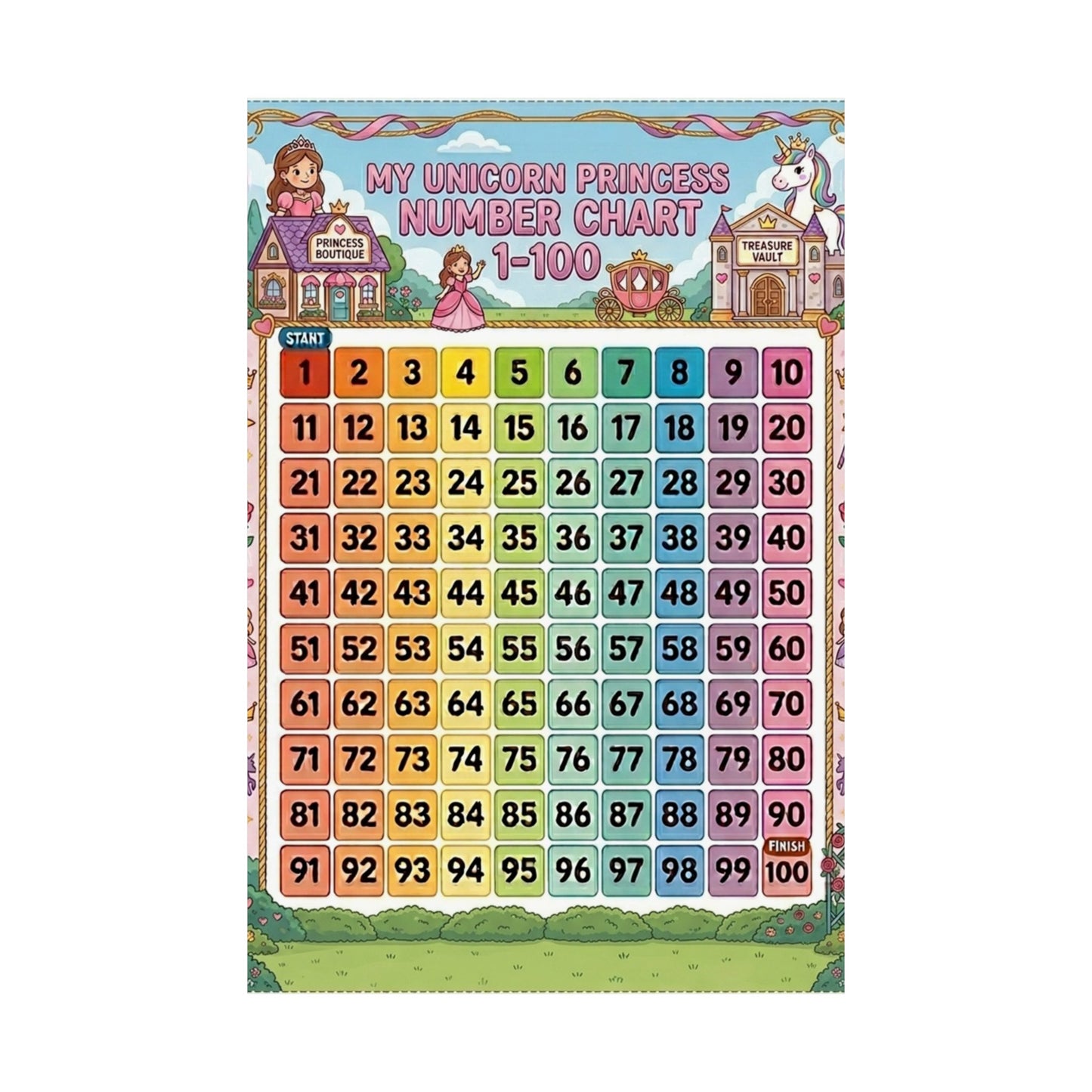 Unicorn Princess Number Chart Poster 1–100 | Kids Educational Counting Poster