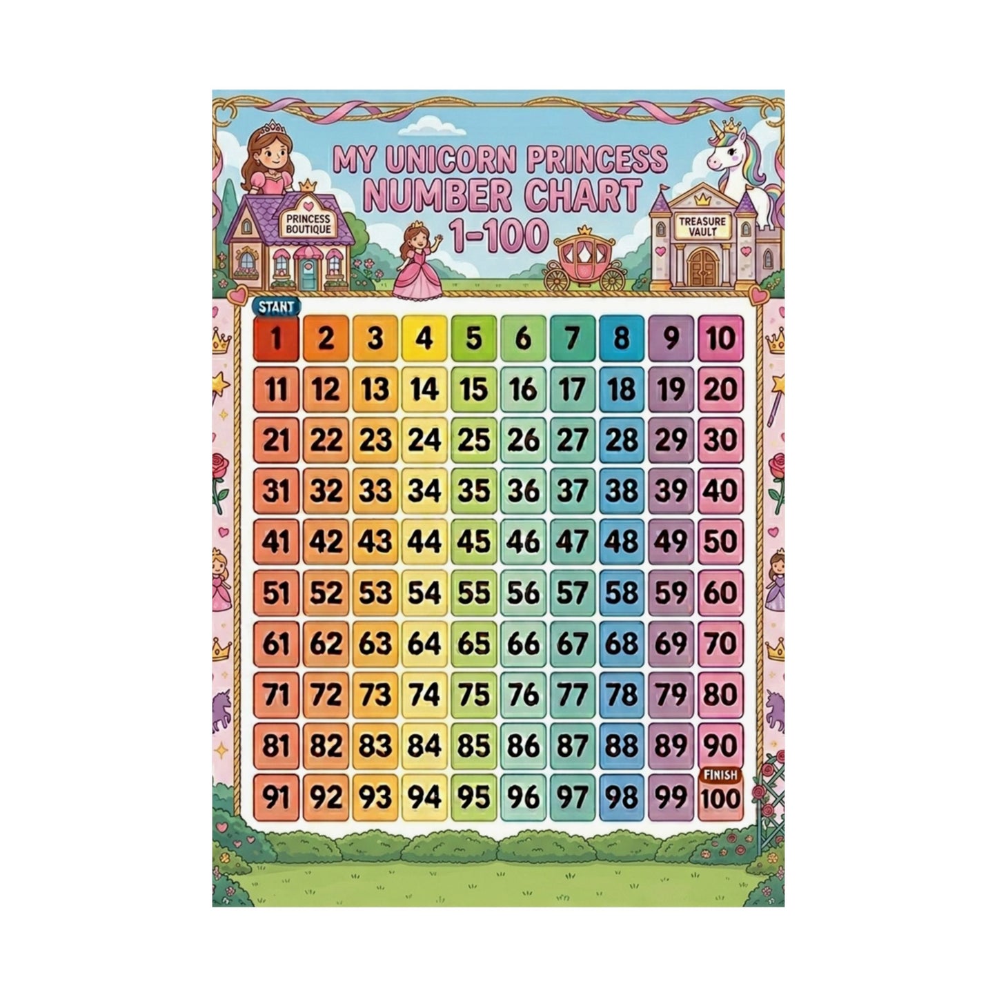 Unicorn Princess Number Chart Poster 1–100 | Kids Educational Counting Poster