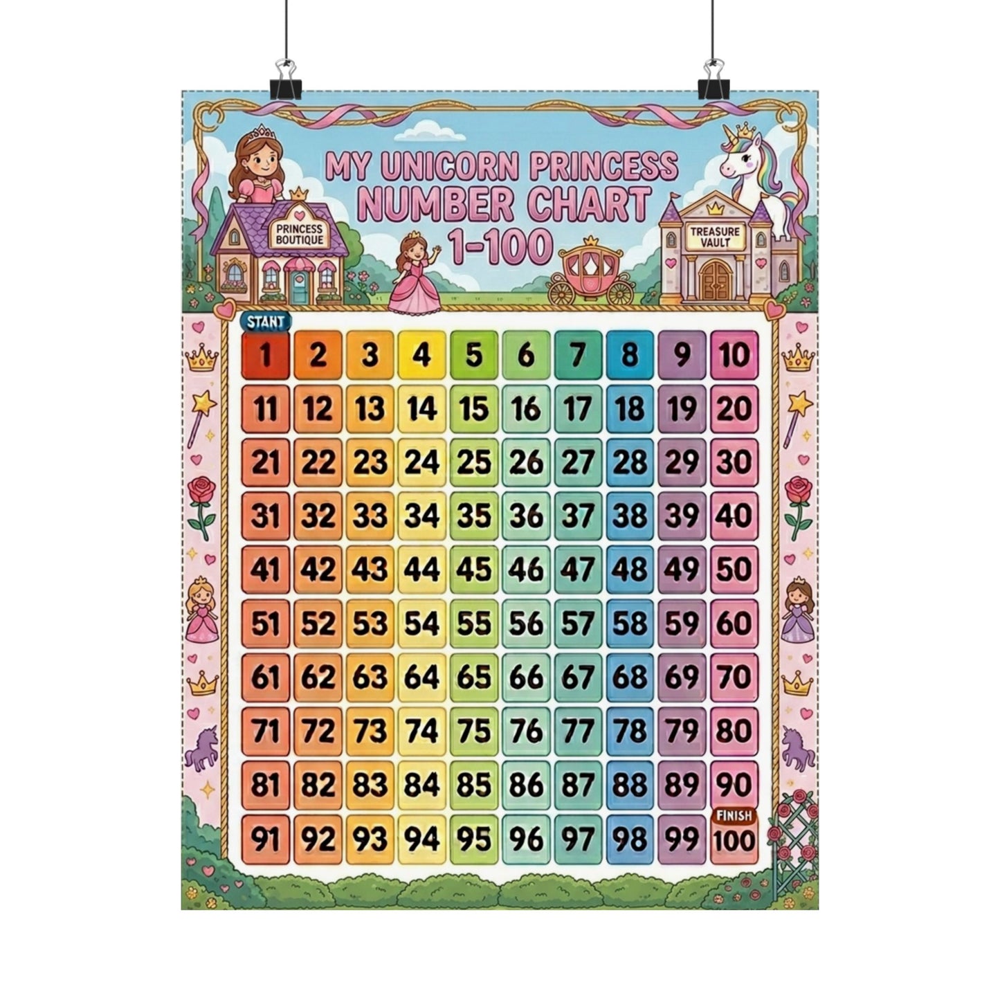 Unicorn Princess Number Chart Poster 1–100 | Kids Educational Counting Poster