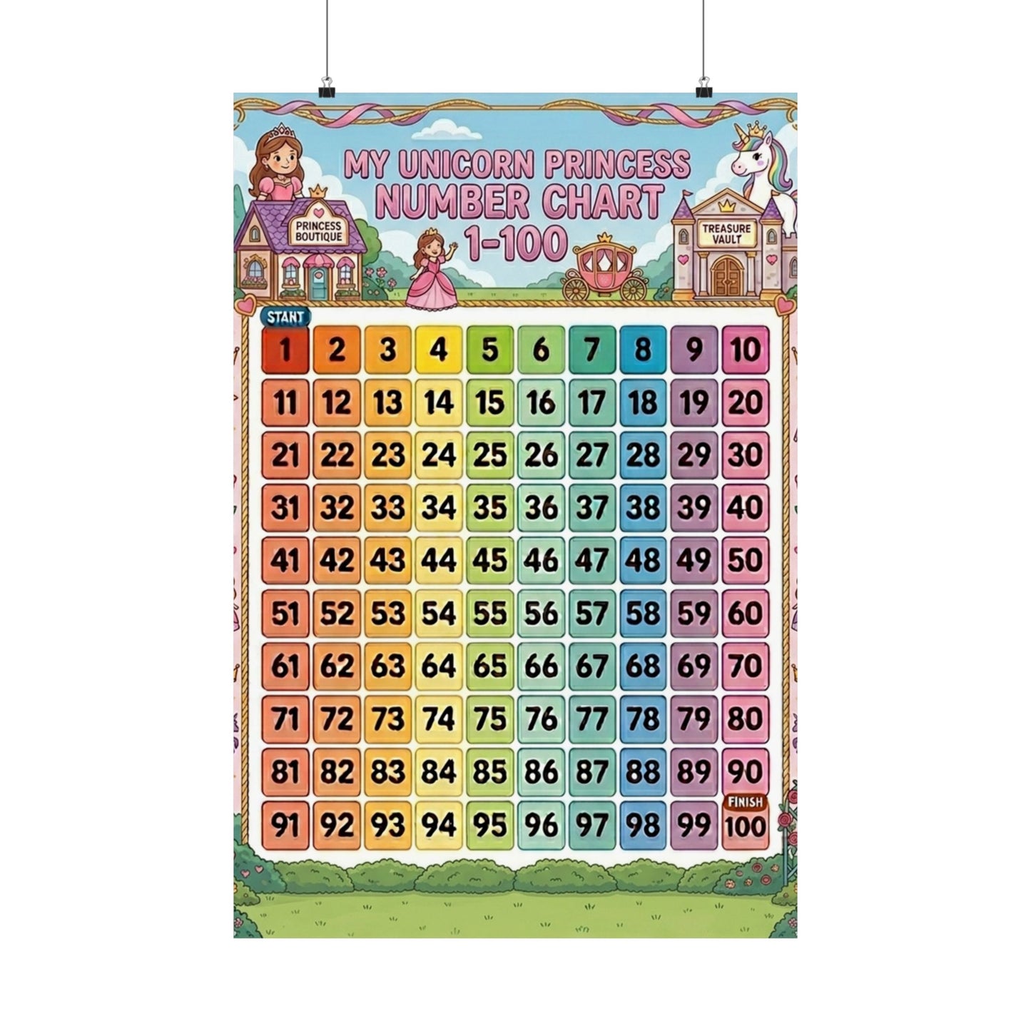 Unicorn Princess Number Chart Poster 1–100 | Kids Educational Counting Poster