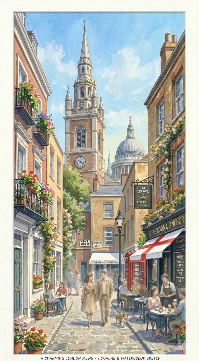 Painting of a charming London street with people, shops, and St. Paul's Cathedral in the background.